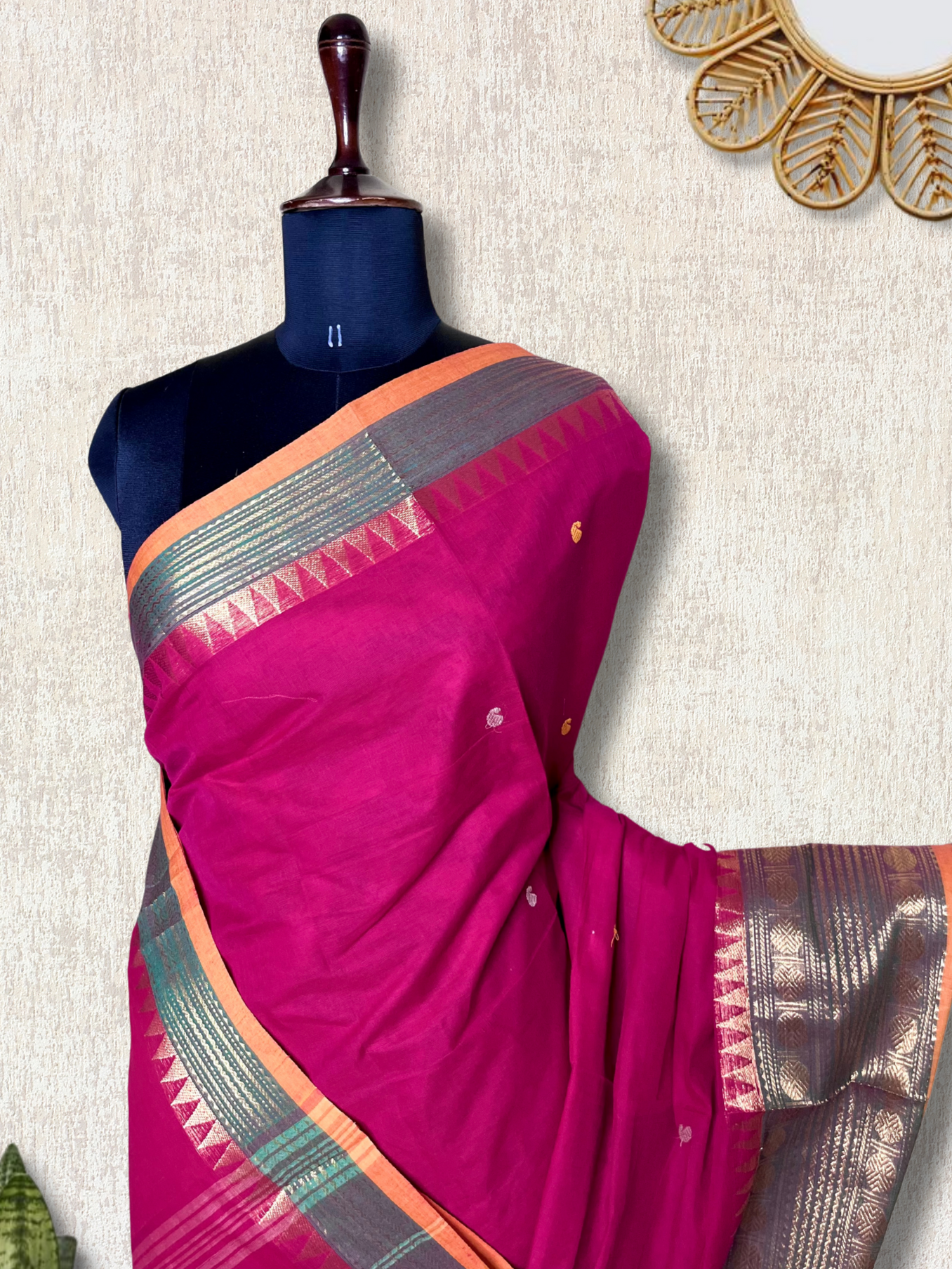 Chettinad Cotton Saree - Cerise Pink + Spicy Green