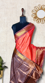Load image into Gallery viewer, Handwoven Art Silk Saree - Flamingo Orange + Fuscous Honey
