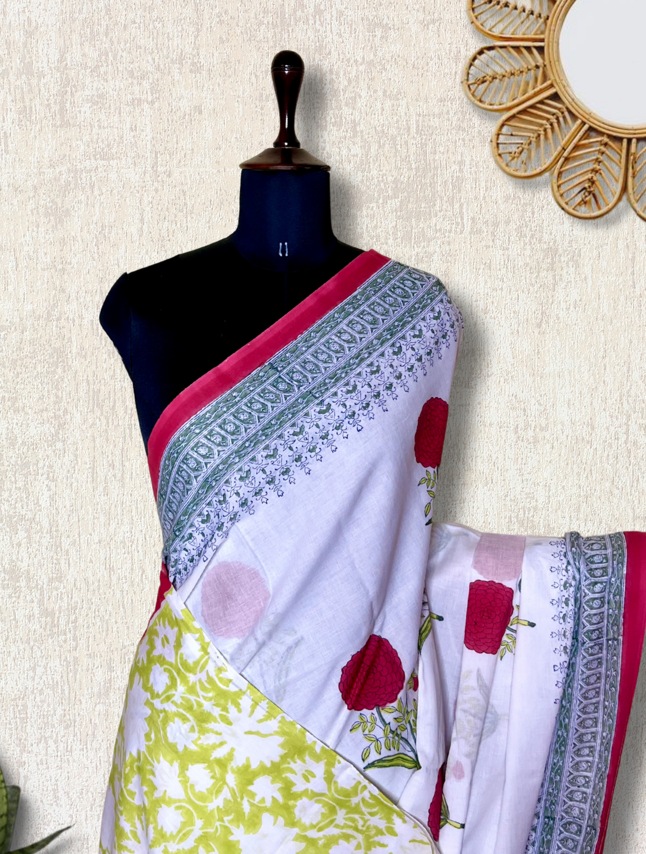 Handblock Printed Cotton Saree -  Titan White + Soft Green