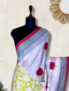 Handblock Printed Cotton Saree -  Titan White + Soft Green