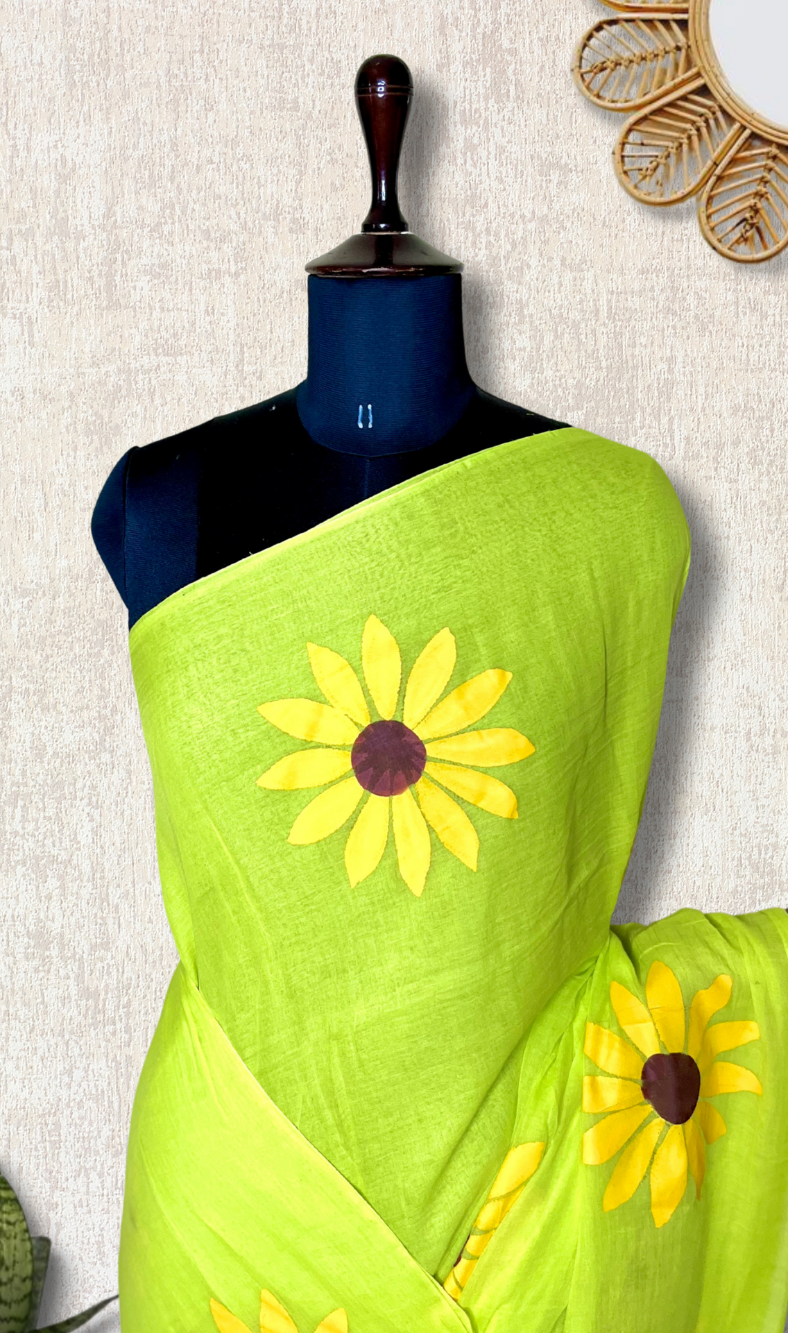 Hand Painted Cotton Saree - Lime Green + Corn Yellow
