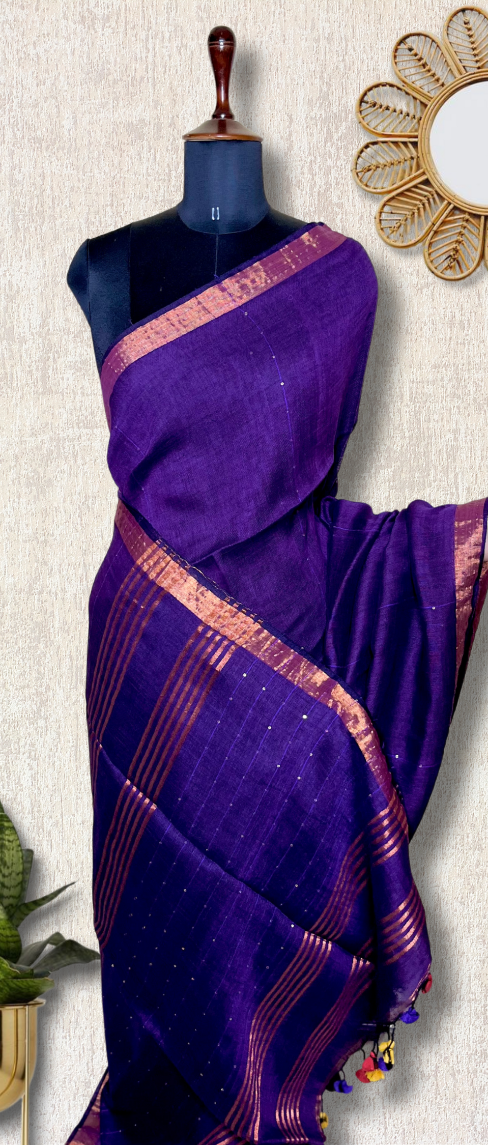Handwoven Linen Saree -  Eggplant Purple + Gold