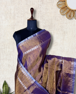 Load image into Gallery viewer, Handwoven Metallic Linen Tissue Saree -Copper Blue + Gold
