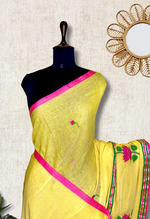 Load image into Gallery viewer, Handcrafted Cotton Saree - Corn Yellow + Cerise Pink
