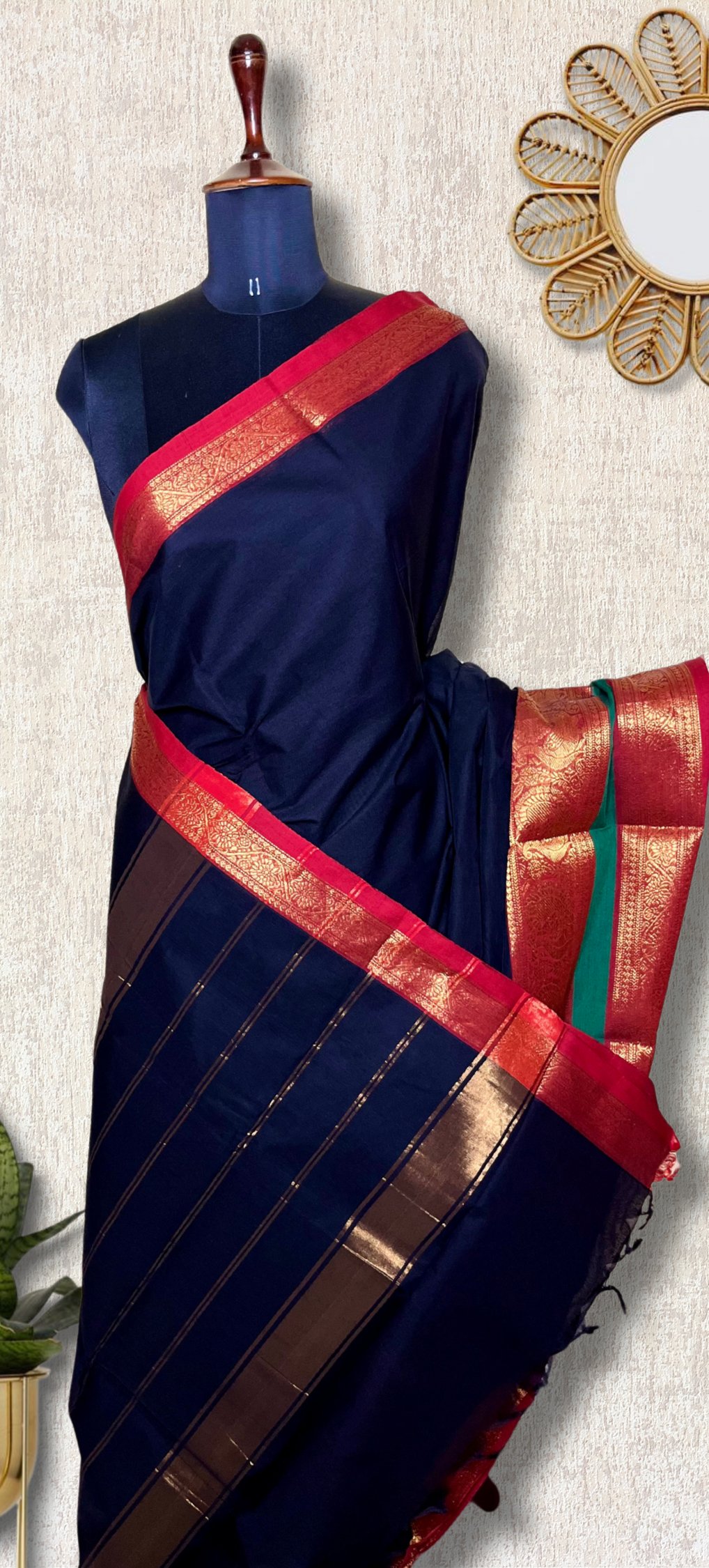 Chettinad Cotton Saree - Pearl Black + Cerise Red