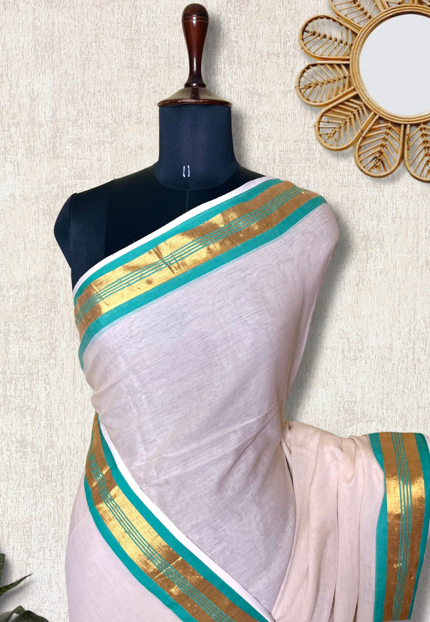 Handwoven Cotton Saree - Seashell white + Blue Green Chill