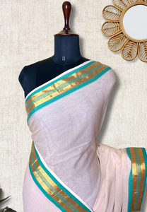 Handwoven Cotton Saree - Seashell white + Blue Green Chill