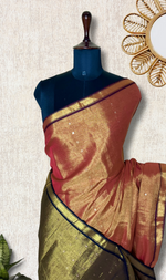 Load image into Gallery viewer, Handwoven Tissue Saree - Fire Bush + Pesto Green
