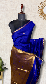 Load image into Gallery viewer, Handwoven Maheshwari Silk Cotton Saree - Royal Blue + Gold
