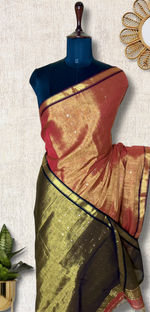 Load image into Gallery viewer, Handwoven Tissue Saree - Fire Bush + Pesto Green
