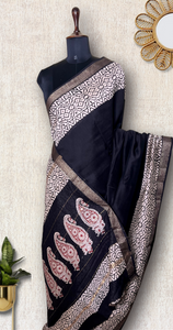 Handblock Printed Silk Cotton Saree - Thunder Black + Pearl White