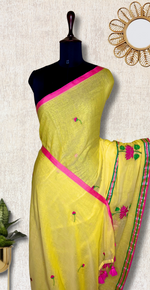 Load image into Gallery viewer, Handcrafted Cotton Saree - Corn Yellow + Cerise Pink
