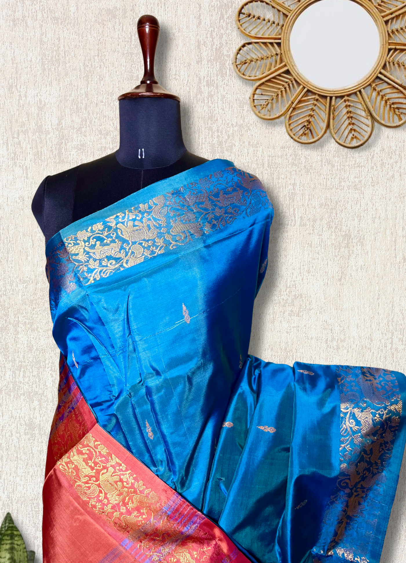 Handwoven Art Silk Saree -  Curious Blue + Persian Red