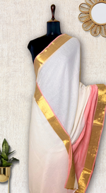 Load image into Gallery viewer, Handwoven Cotton Saree - Cream + Sea Pink
