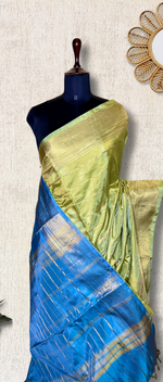 Load image into Gallery viewer, Handwoven Art Silk Saree -  Yellow Green+ Denim Blue
