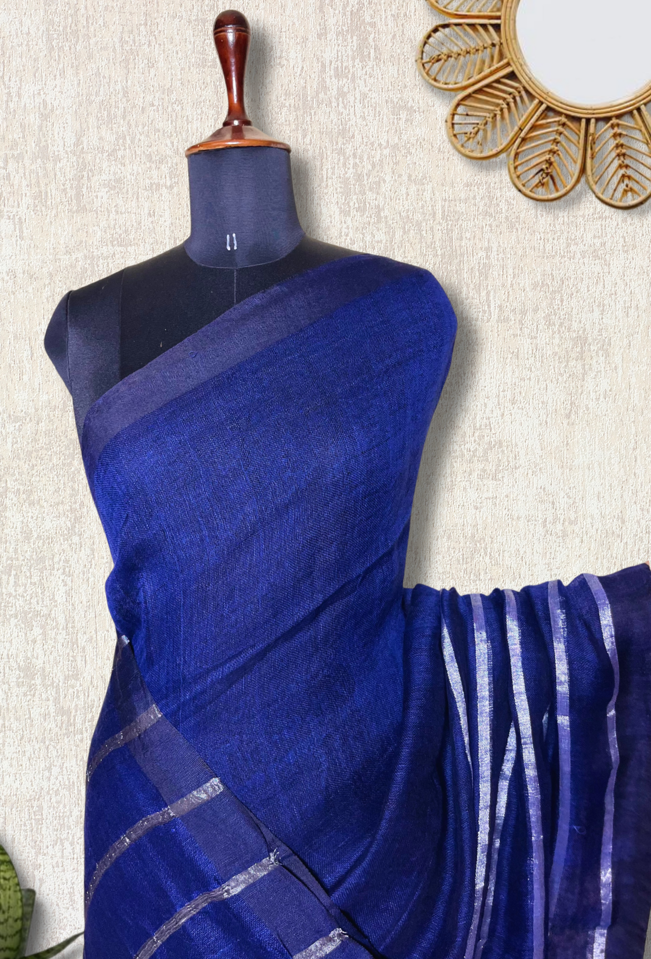 Handwoven Linen Saree - Royal Blue + Silver