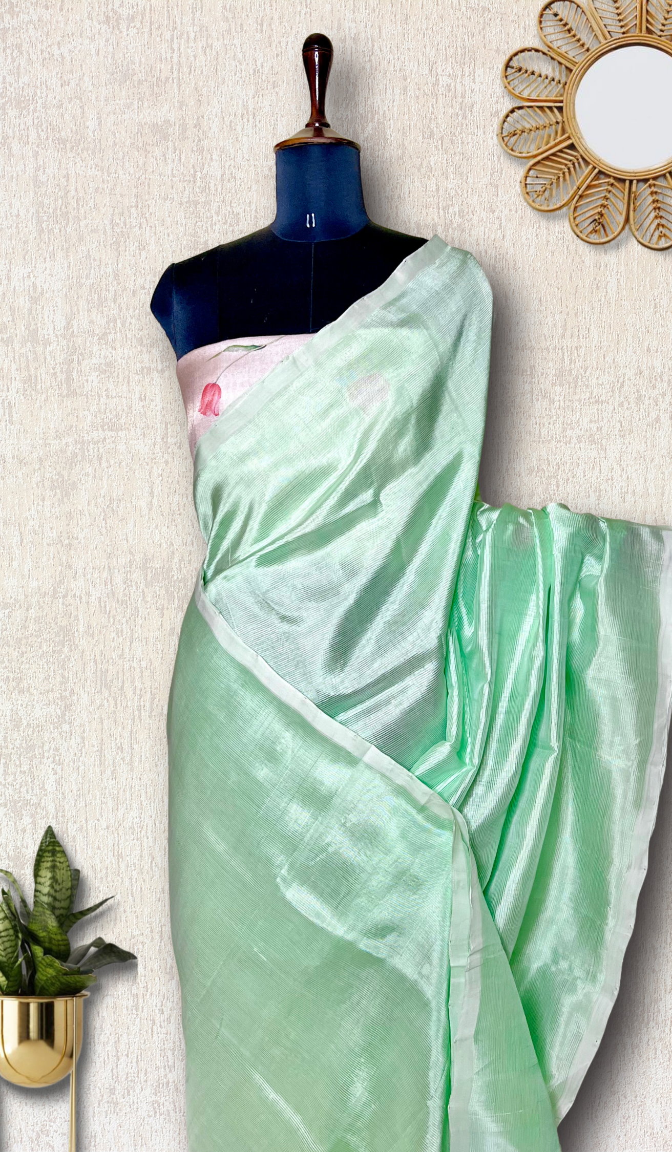 Handwoven silk cotton saree - Mint Green + Silk Cream Tissue