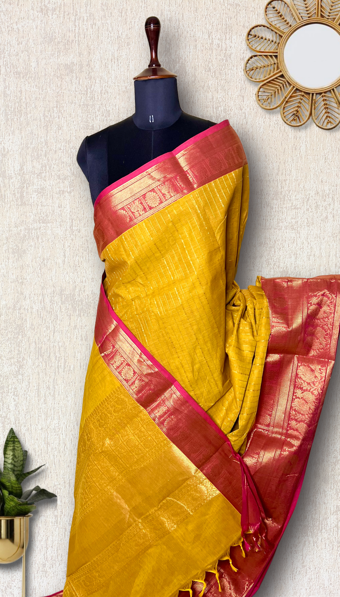 Kanchi Cotton Saree -  Fuel Yellow Gold + Mandy Pink