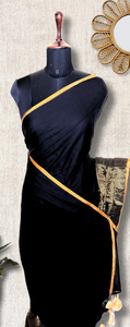 Handwoven Cotton Saree -  Charcoal Black + Gold