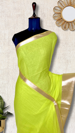 Load image into Gallery viewer, Handwoven Cotton Saree - Electric Lime + Shimmer Gold

