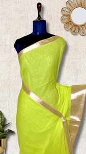 Handwoven Cotton Saree - Electric Lime + Shimmer Gold