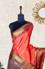 Load image into Gallery viewer, Handwoven Art Silk Saree - Flamingo Orange + Fuscous Honey
