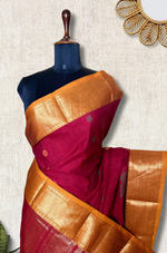 Load image into Gallery viewer, Kanchi Cotton Saree -  Mulberry Red + Fiery Orange
