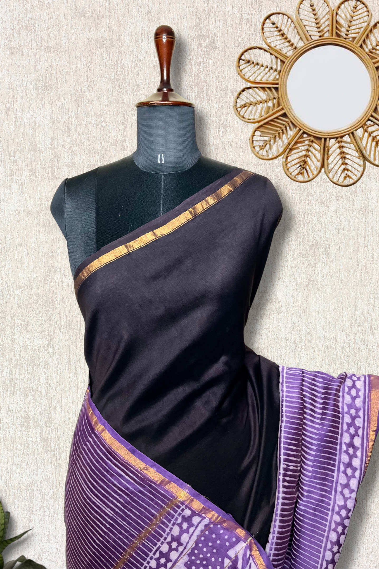Handblock Printed Silk Cotton Saree - Cinder Black + Trendy Violet