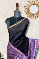 Load image into Gallery viewer, Handblock Printed Silk Cotton Saree - Cinder Black + Trendy Violet
