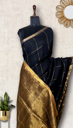 Load image into Gallery viewer, Handwoven Linen Saree - Black + Golden Zari
