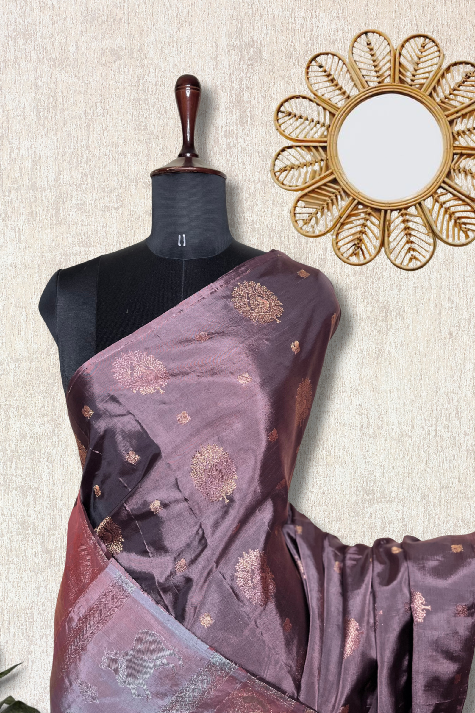 Handwoven Art Silk Saree - Congo Brown +  Rose Bud Cherry
