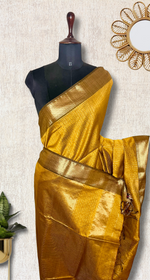 Load image into Gallery viewer, Handwoven Maheshwari Silk Cotton Saree - Mustard Yellow + Livid Brown

