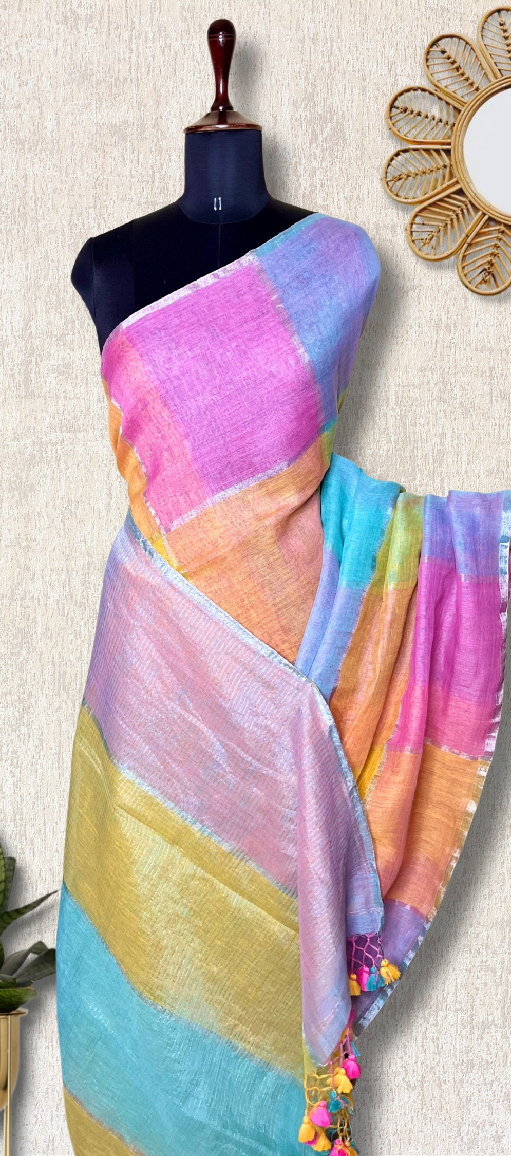 Handwoven Linen Saree - Lavender Rose + Candy Corn Yellow