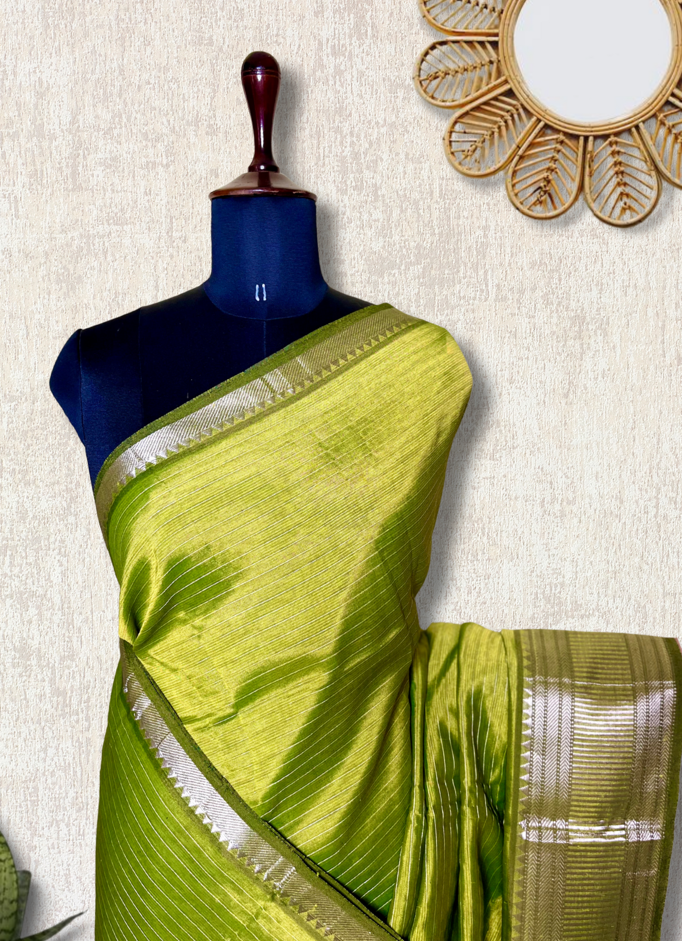 Handwoven Silk Cotton Saree - Lime Green + Silver