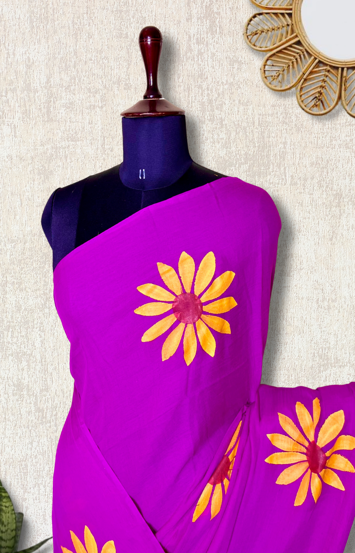 Hand Painted Cotton Saree - Electric Violet + Corn Yellow