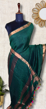 Load image into Gallery viewer, Handwoven Linen Saree -  Bottle Green + Gold
