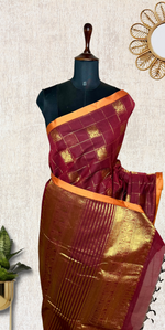 Load image into Gallery viewer, Kanchi Cotton Saree - Livid Brown + Fire Yellow
