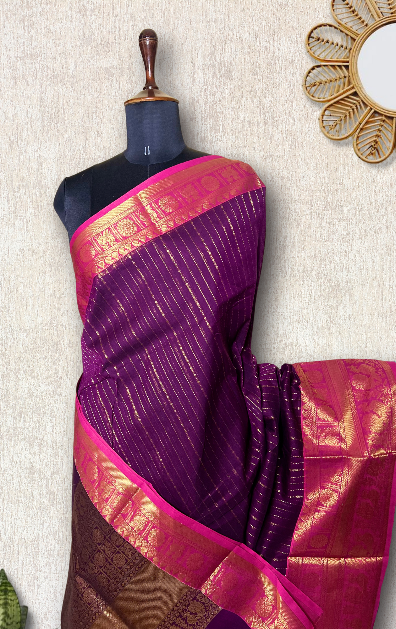 Kanchi Cotton Saree -  Plum Purple + Cerise Pink