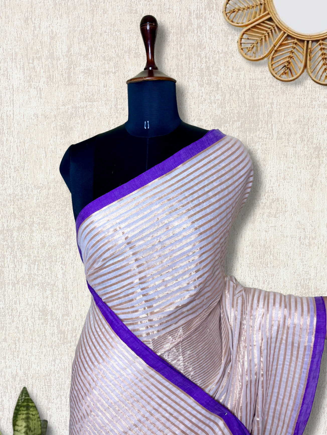 Handwoven Cotton Saree - Pearl White + Royal Purple