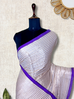 Load image into Gallery viewer, Handwoven Cotton Saree - Pearl White + Royal Purple
