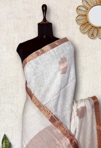 Handwoven Linen Saree - Pearl White Rose + Copper Zari