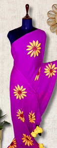 Hand Painted Cotton Saree - Electric Violet + Corn Yellow