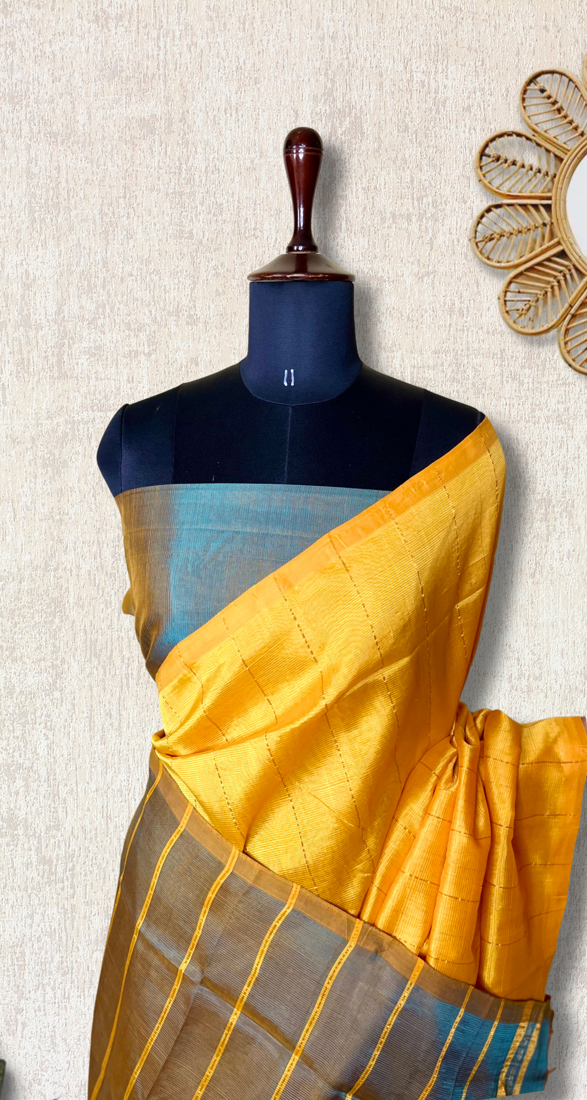 Handwoven Mangalgiri Silk Cotton Saree - Bright Sun + Steel Blue