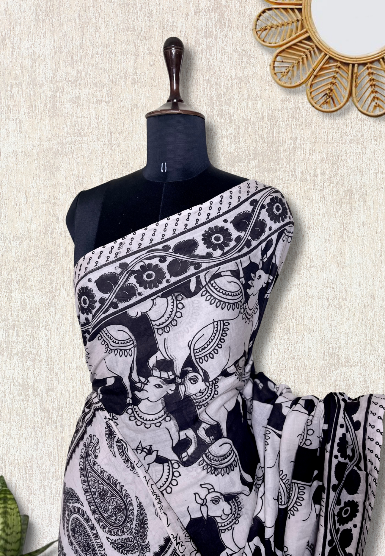 Handcrafted Kalamkari Cotton Saree - Smokey Black + Soft Cream