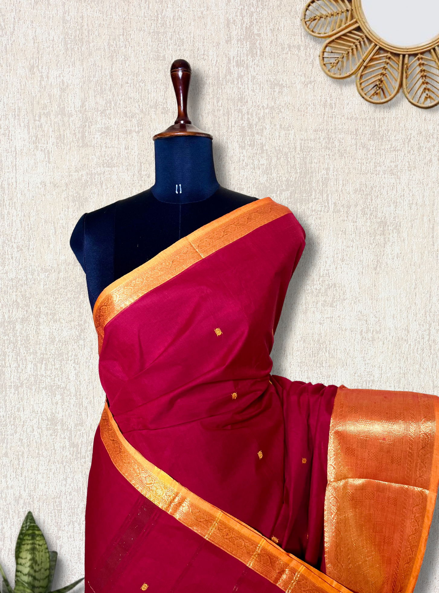 Chettinad Cotton Saree - Flush Maroon + Apricot yellow