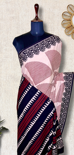 Load image into Gallery viewer, Handblock Printed Cotton Saree - Soft Peach + Mulberry Red
