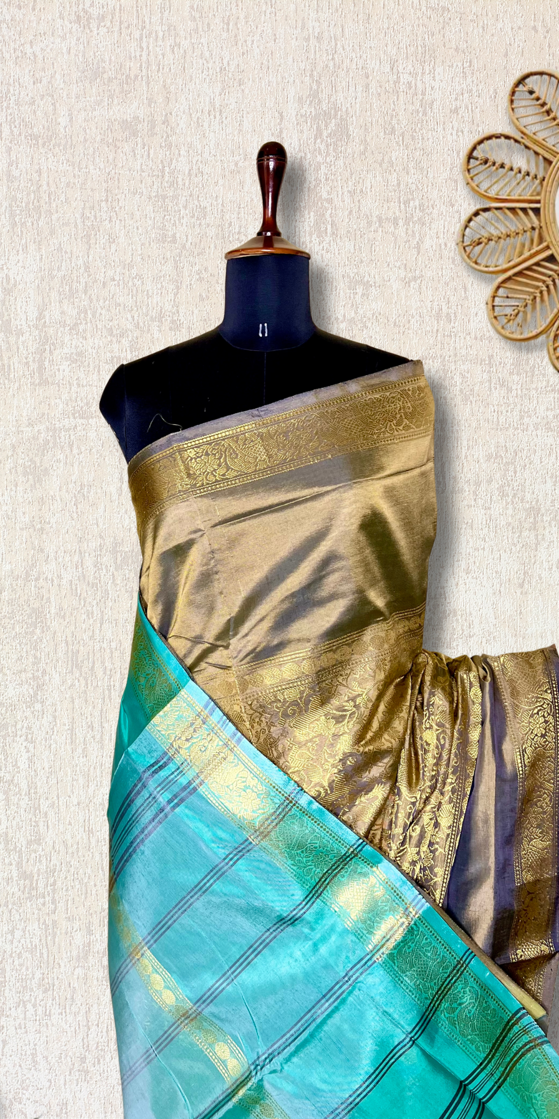 Handwoven Art Silk Saree -  Straw Brown Green + Fountain Blue