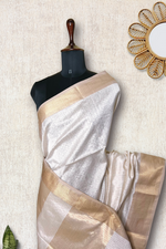 Load image into Gallery viewer, Handwoven Silk Cotton Saree - Soft Cream + Gold
