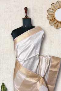 Handwoven Silk Cotton Saree - Soft Cream + Gold