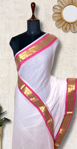 Load image into Gallery viewer, Handwoven Cotton Saree - Seashell white + Hibiscus Pink
